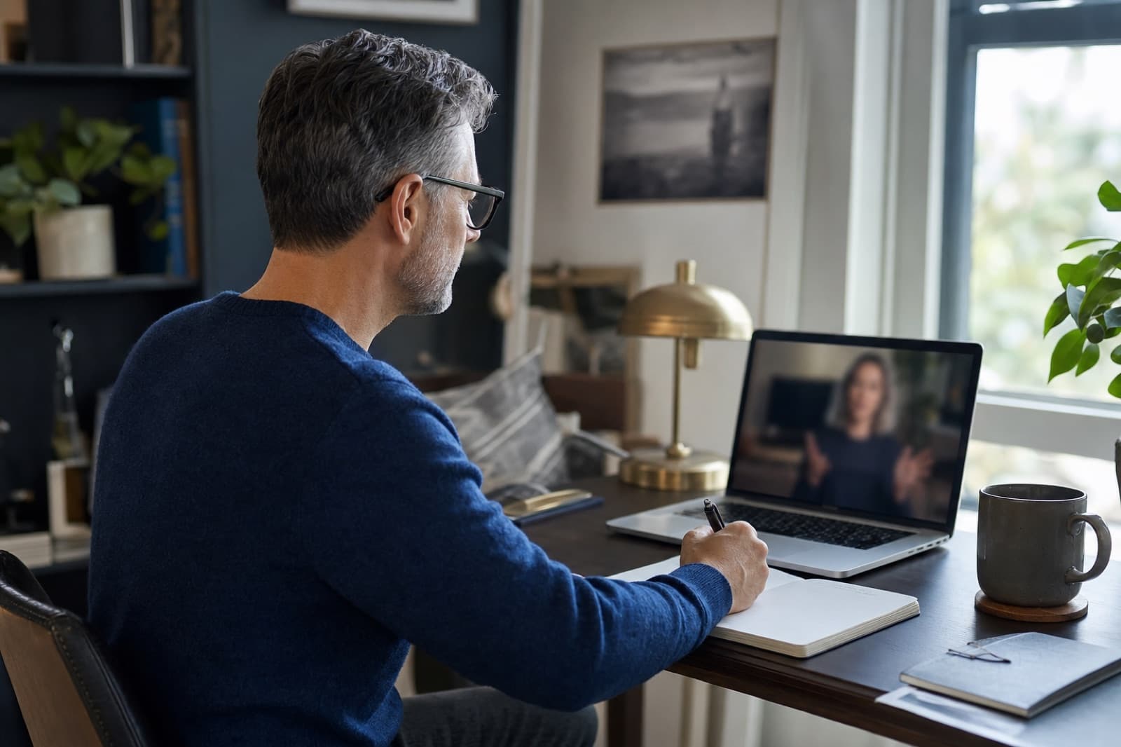 A person taking notes during a remote discovery call with a coach