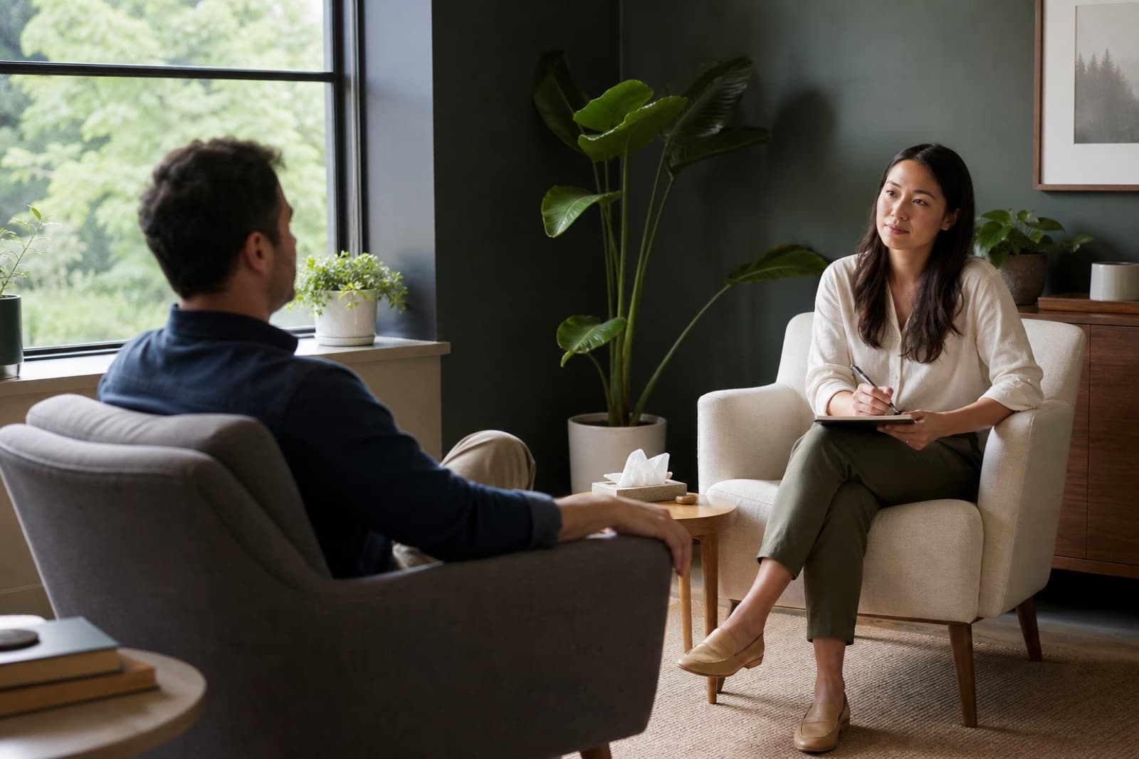 A licensed therapist and client speaking in a calm private office