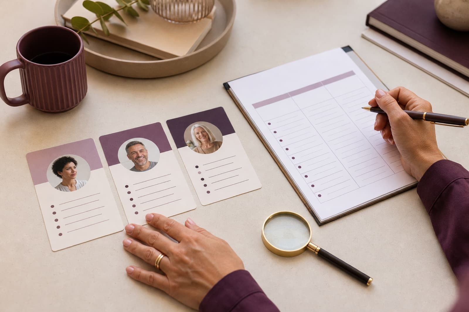 Three coach profiles arranged beside a neutral comparison worksheet