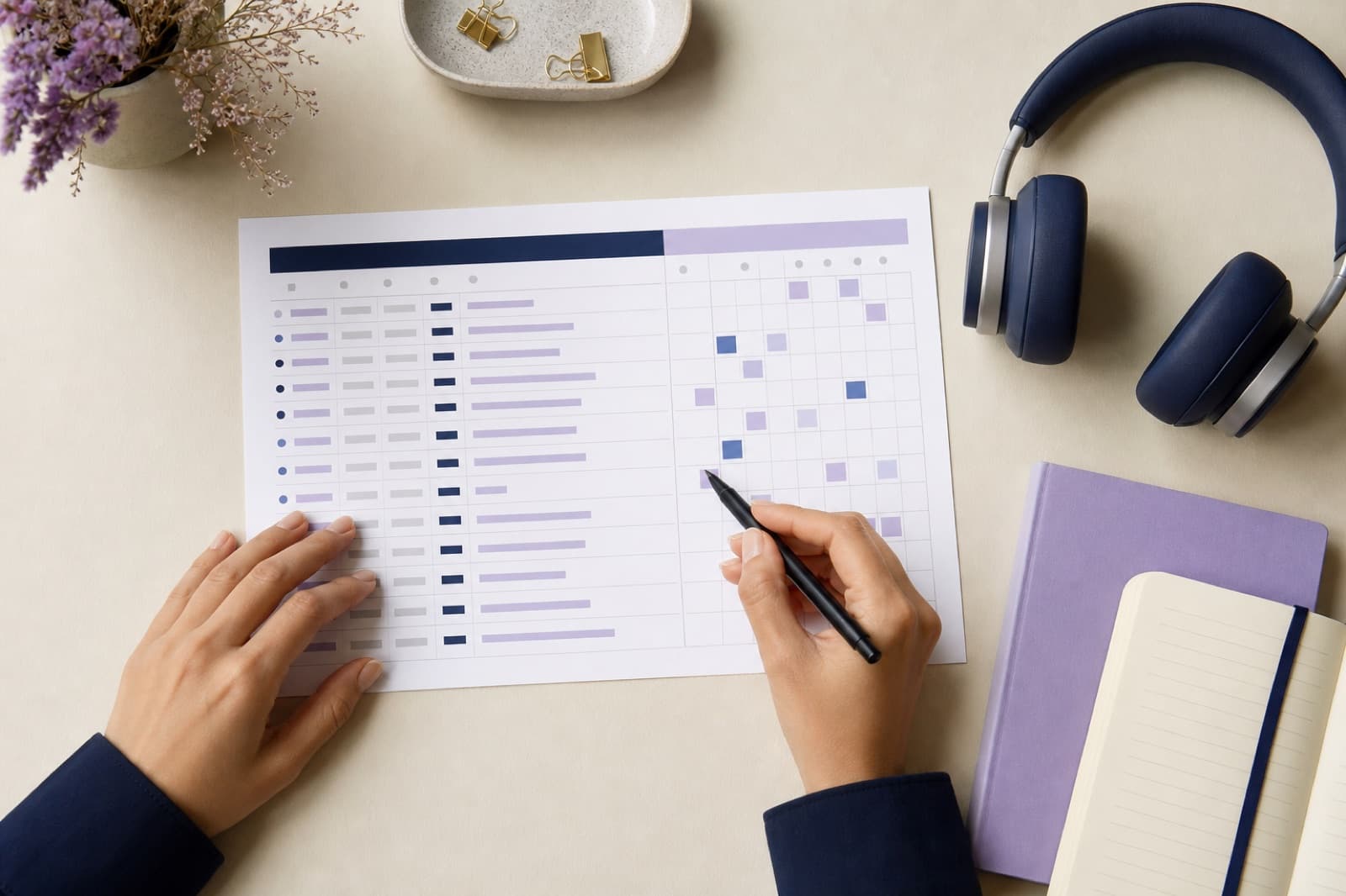 A person reviewing an abstract coaching experience log and calendar