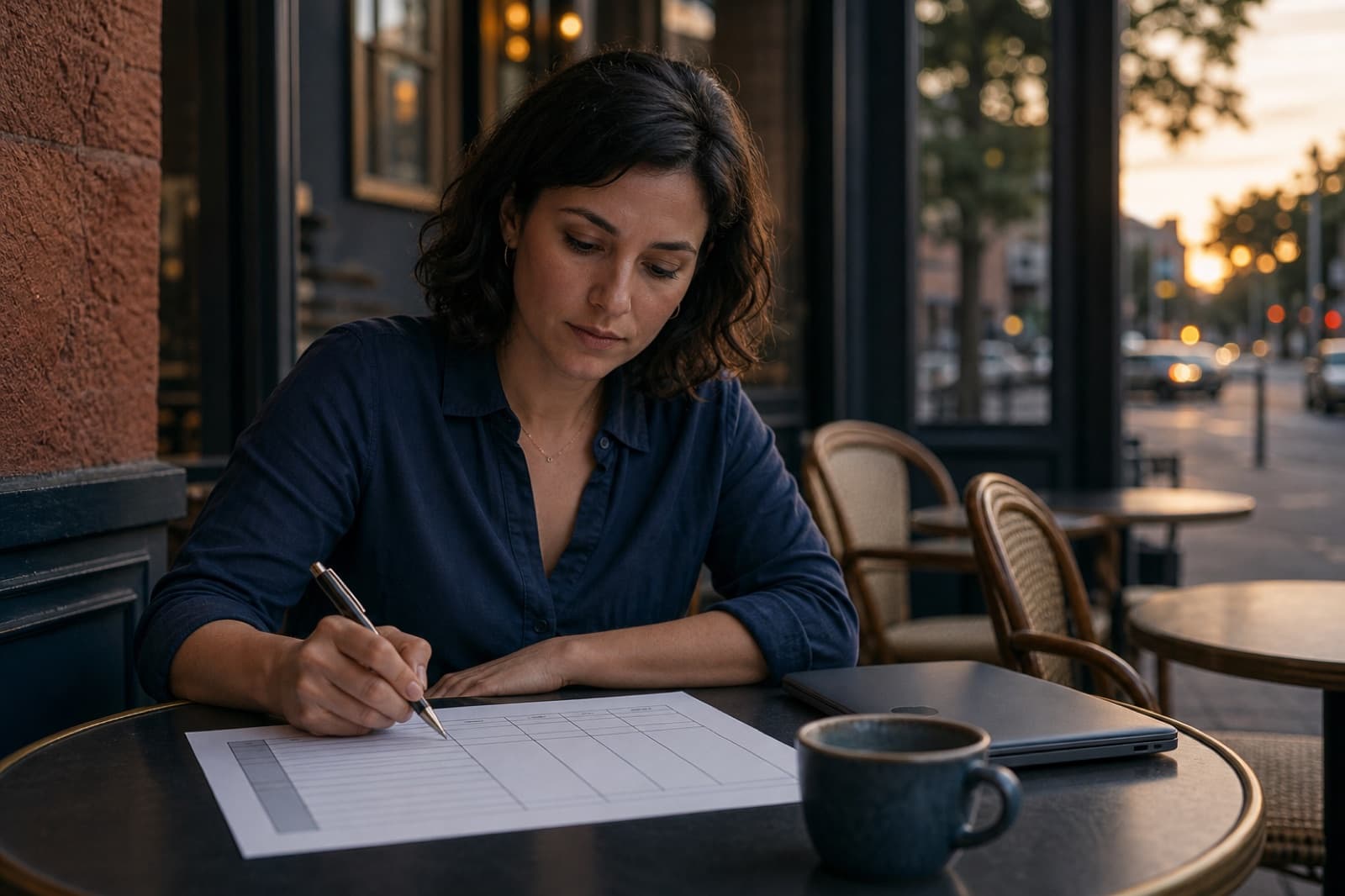 A person completing a calm post-call comparison worksheet