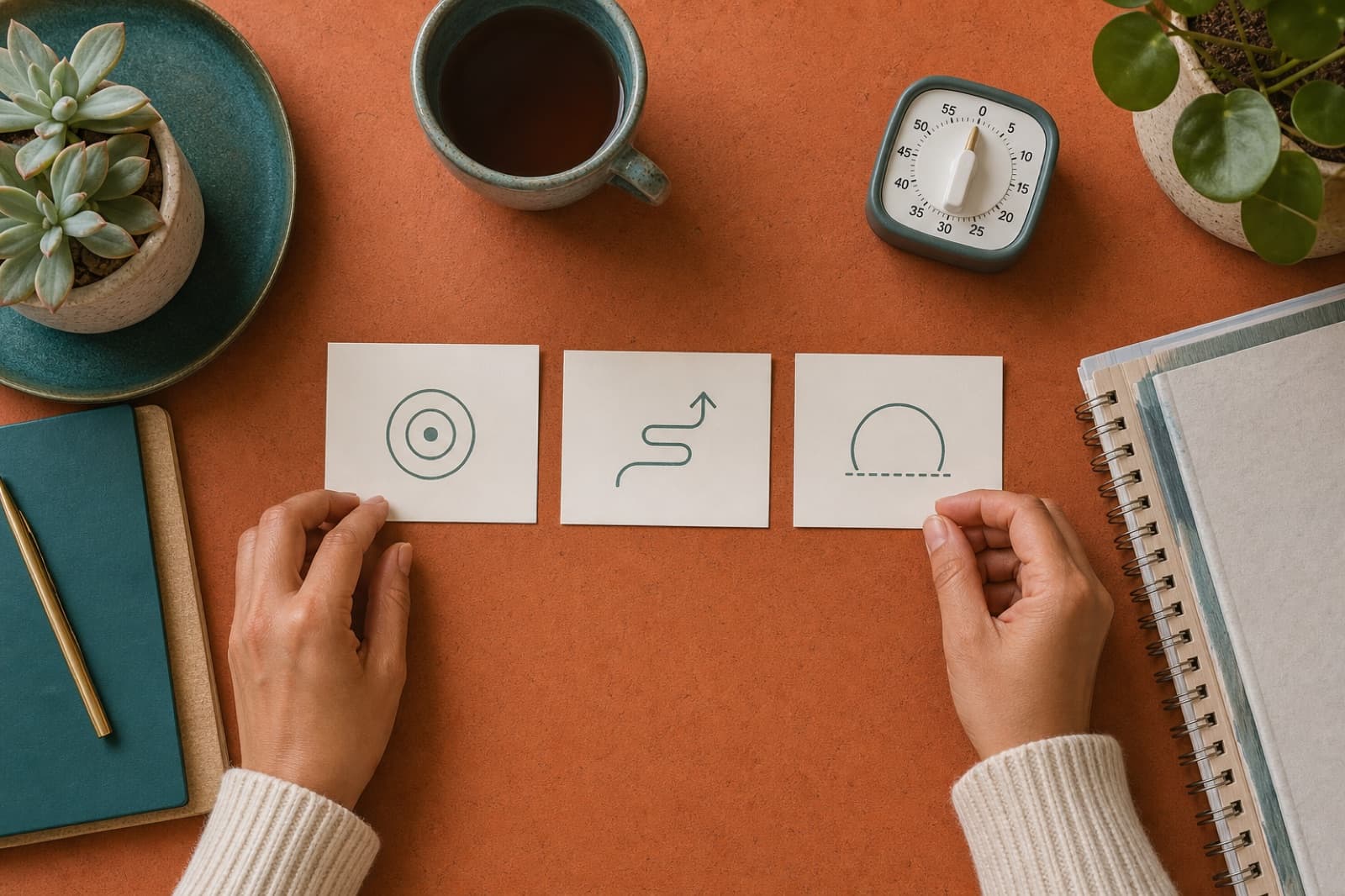 A person organizing goal, process, and boundary questions before a call