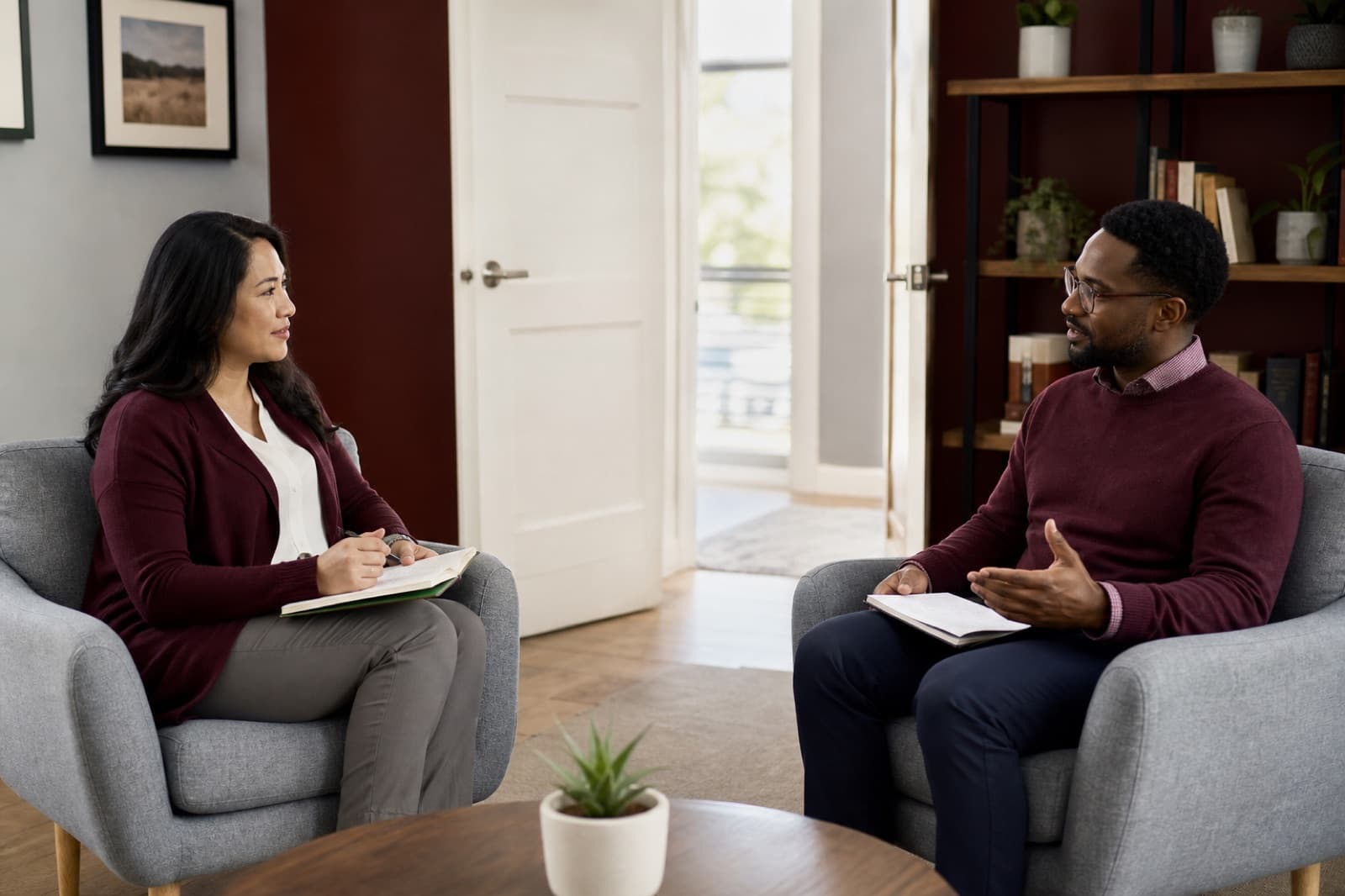 Two adults maintaining clear professional space during a coaching conversation