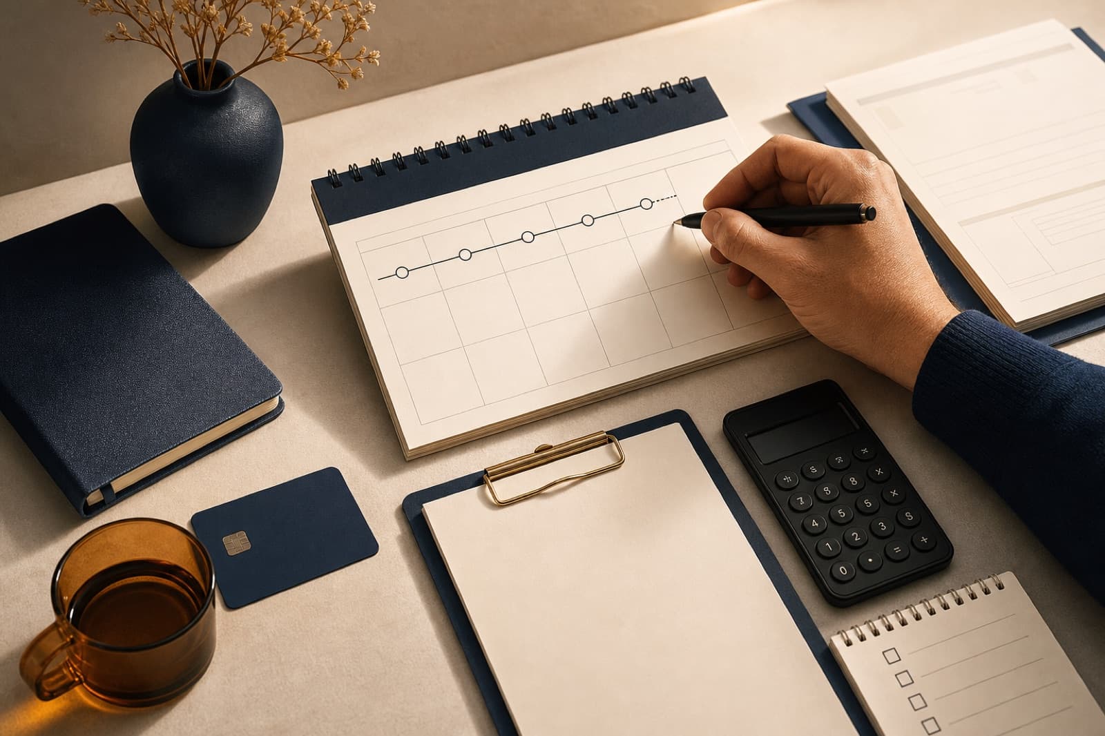 A person tracing a recurring billing timeline beside an abstract invoice