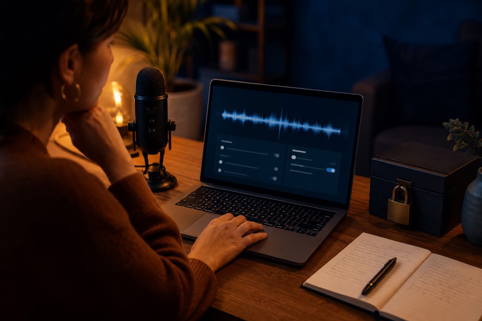 A laptop, microphone, and secure storage symbols representing session records and AI tools