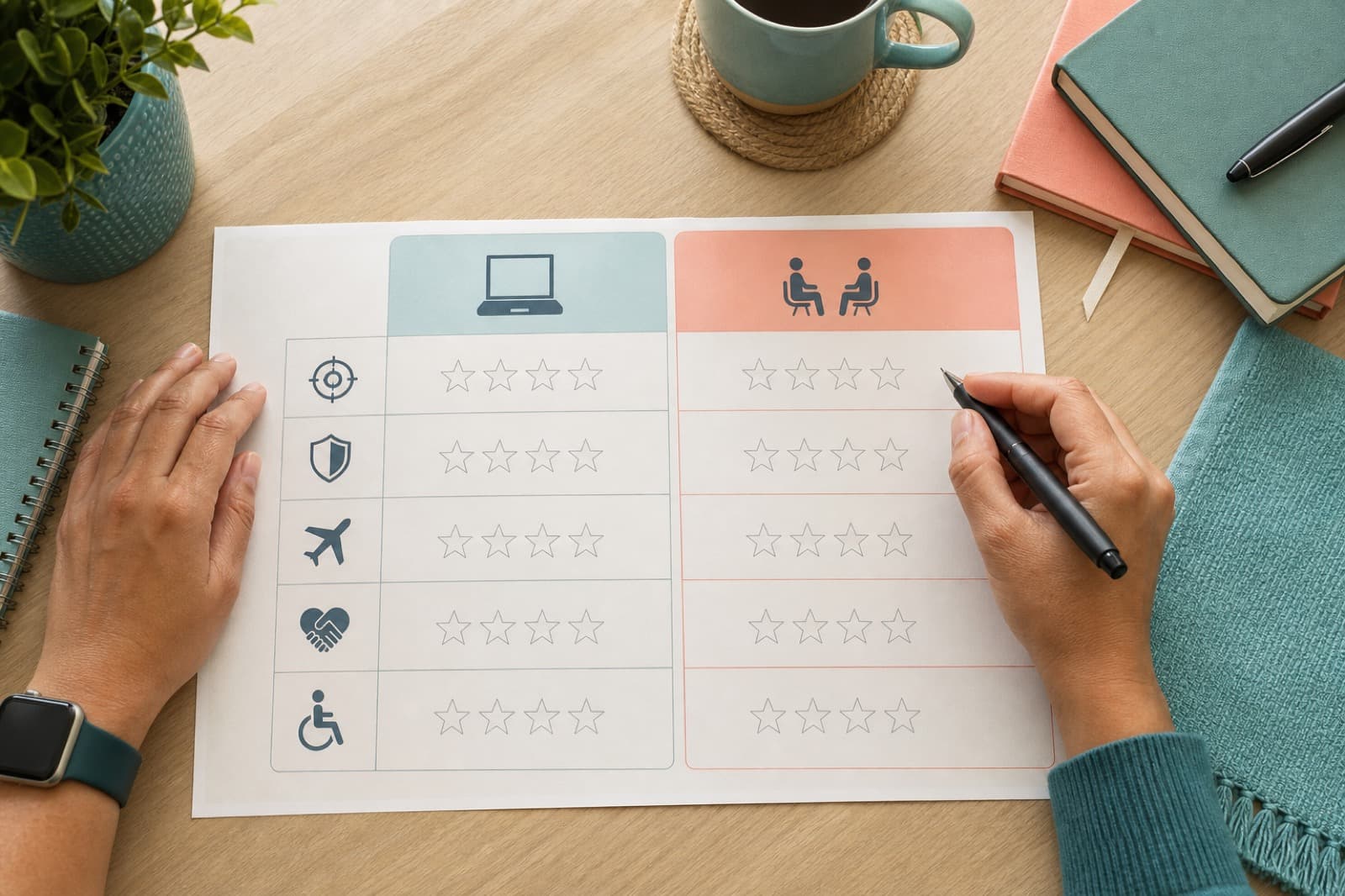 A side-by-side scorecard for online and in-person sessions