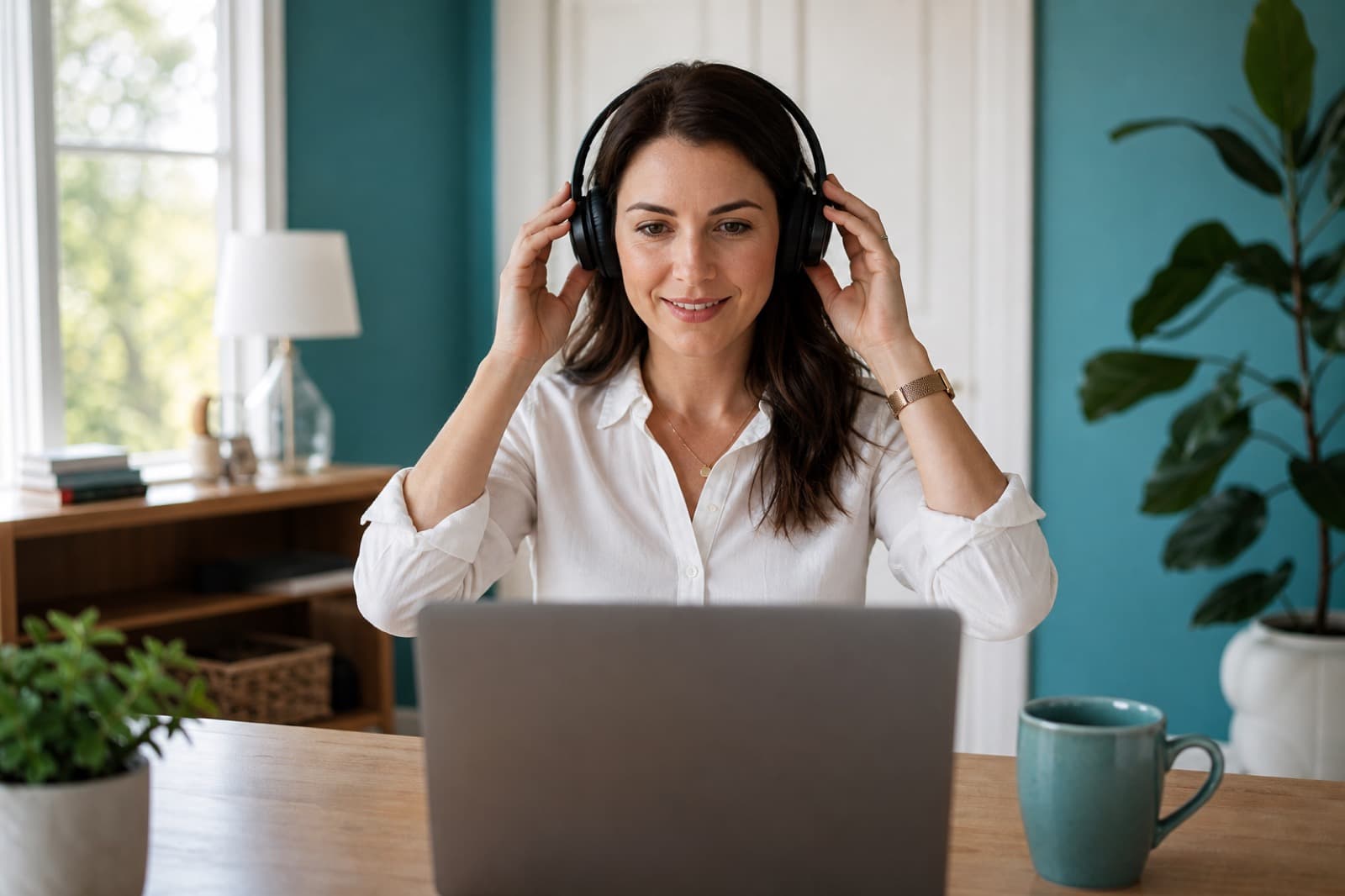 A client checking headphones and video setup